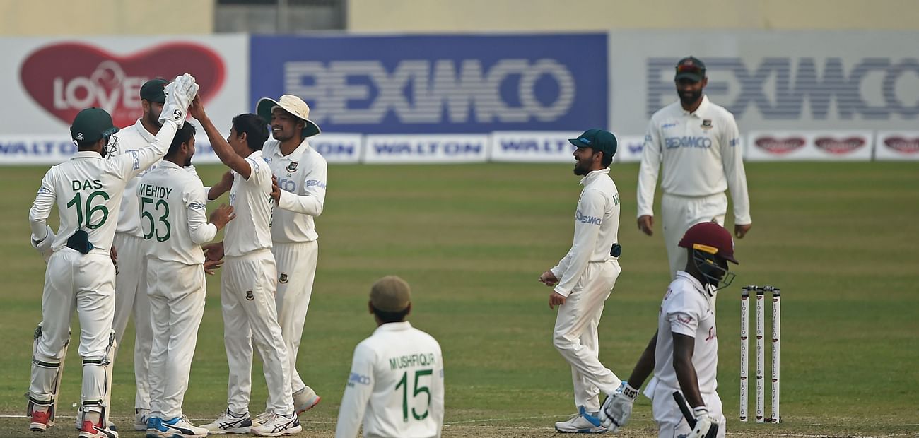 Bangladesh's cricketers celebrates after the dismissal of West Indies' Jermaine Blackwood during the first day of the second Test cricket match between West Indies and Bangladesh at the Sher-e-Bangla National Cricket Stadium in Dhaka in 11 February , 2021