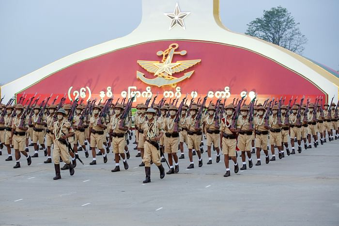 Military personnel participate in a parade on Armed Forces Day in Naypyitaw, Myanmar, on 27 March 2021