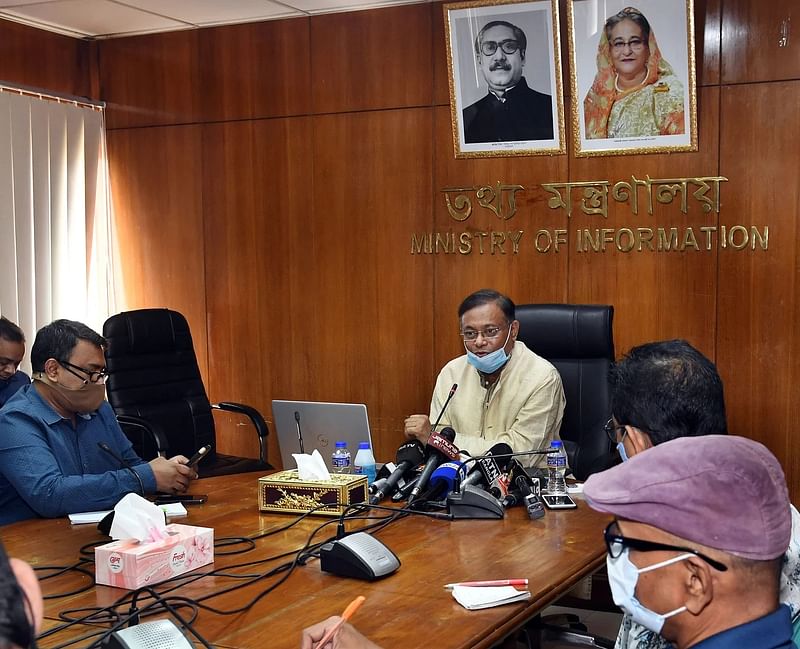 Information minister Hasan Mahmud talks to media