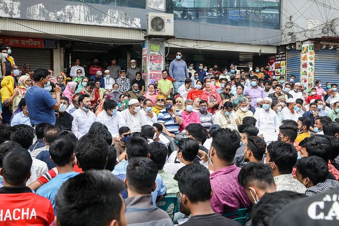 Leaders and activists of ruling Awami League hold a rally in Uttara’s Azampur in Dhaka amid the strike enforced by the hardline Islamist party Hefazat-e-Islam on Sunday. 