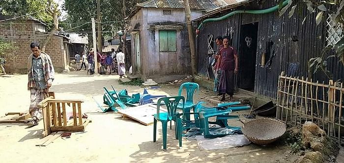 The houses of the minority people are attacked and vandalised in Nowagaon village in Shalla upazila of Sunamganj on Wednesday. 