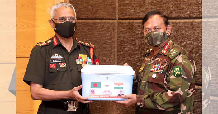 Indian Army chief general MM Naravane pays courtesy call on Bangladesh Army chief general Aziz Ahmed in Dhaka on Thursday
