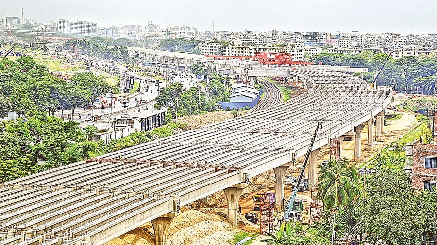 Only 28 per cent of Dhaka elevated expressway has been completed in ten years. The picture is taken from the airport area on 13 July 2021.  