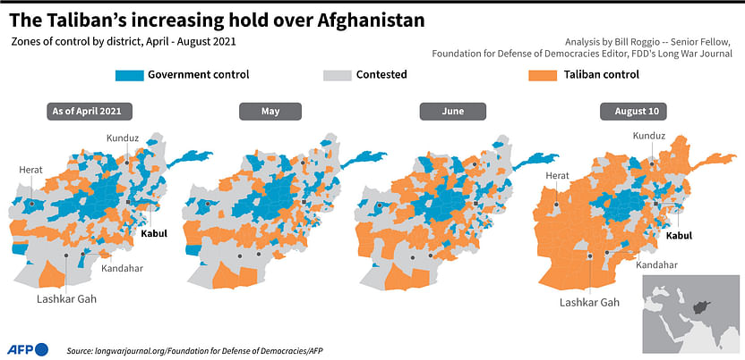 Map showing parts of Afghanistan under government control and territories under the influence of the Taliban, from April to August.