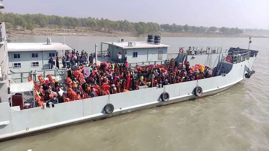 A naval vessel carrying Rohingyas sets sail for Bhasan Char in Noakhali.