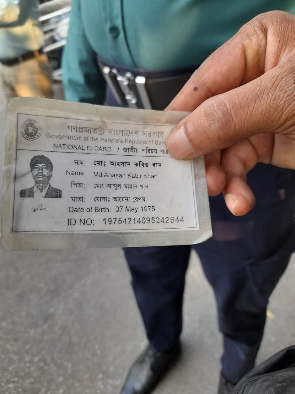 The national identity card of Md Ahasan Kabir Khan that was recovered from the spot. 