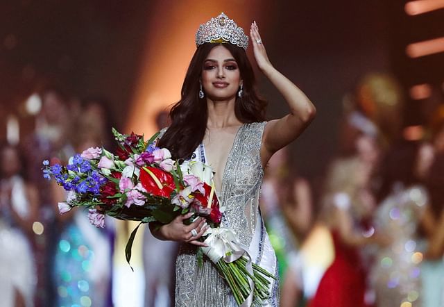 Miss Universe winner Miss India Harnaaz Sandhu poses after being declared winner of the Miss Universe pageant in the Red Sea resort of Eilat, Israel 13 December, 2021