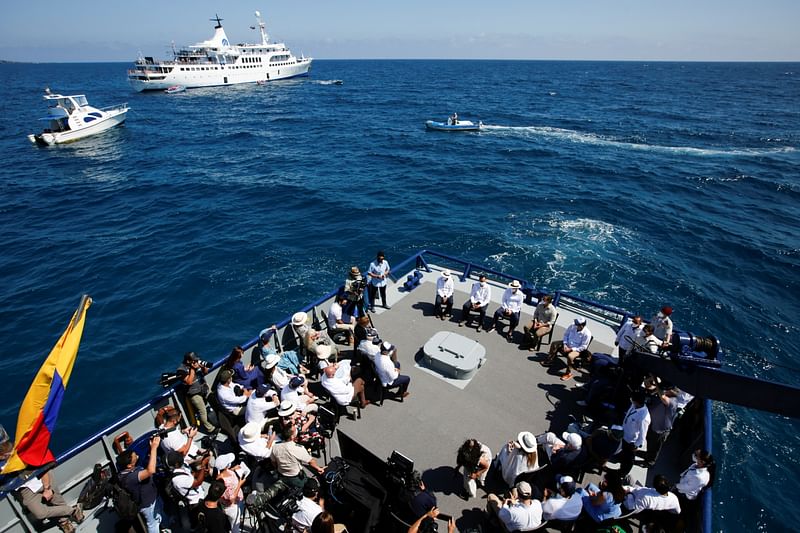 Ecuadorian President Guillermo Lasso speaks at the inauguration of an extended marine reserve that will encompass 198,000 square kilometers (76,448 square miles), aboard a research vessel off Santa Cruz Island, in the Galapagos Islands, Ecuador 14 January 14, 2022