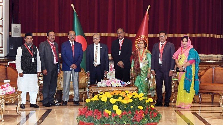 The delegation of National People’s Party poses for photograph after talks with president M Abdul Hamid over formation of election commission at Bangabhaban, Dhaka, on 12 January 2022