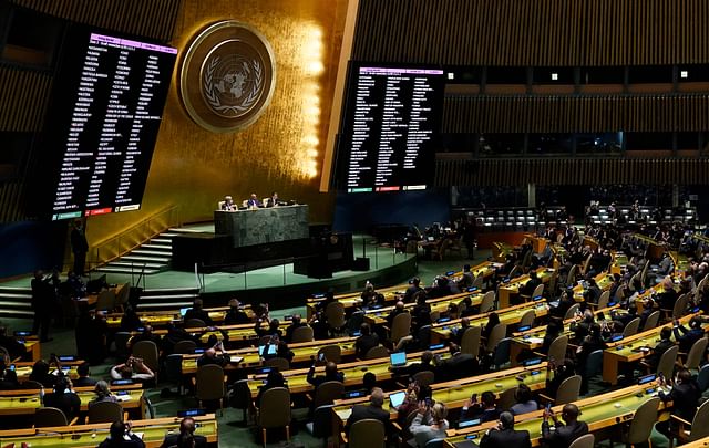 Delegates vote at the UN General Assembly Emergency session in New York on 2 March, 2022