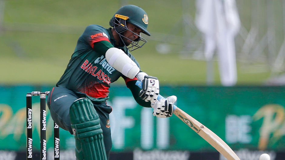 Bangladesh's Shakib Al Hasan plays a shot during the first one-day international (ODI) cricket match between South Africa and Bangladesh at SuperSport Park in Centurion on 18 March, 2022