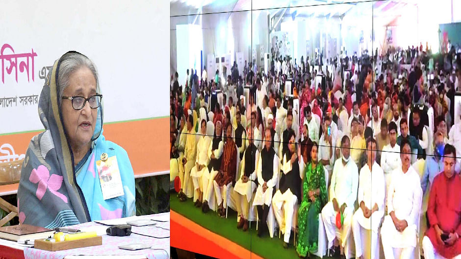 Prime minister Sheikh Hasina addresses a discussion virtually from her official residence Ganobhaban on Friday.

