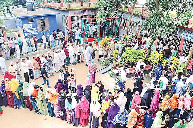 Voters at the Cumilla city corporation elections, at the Shaktala High School polling centre