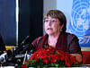 UN high commissioner for human rights Michelle Bachelet addresses a press conference in the hotel InterContinental Dhaka on 17 August 2022 after warping up her official visit to Bangladesh. 