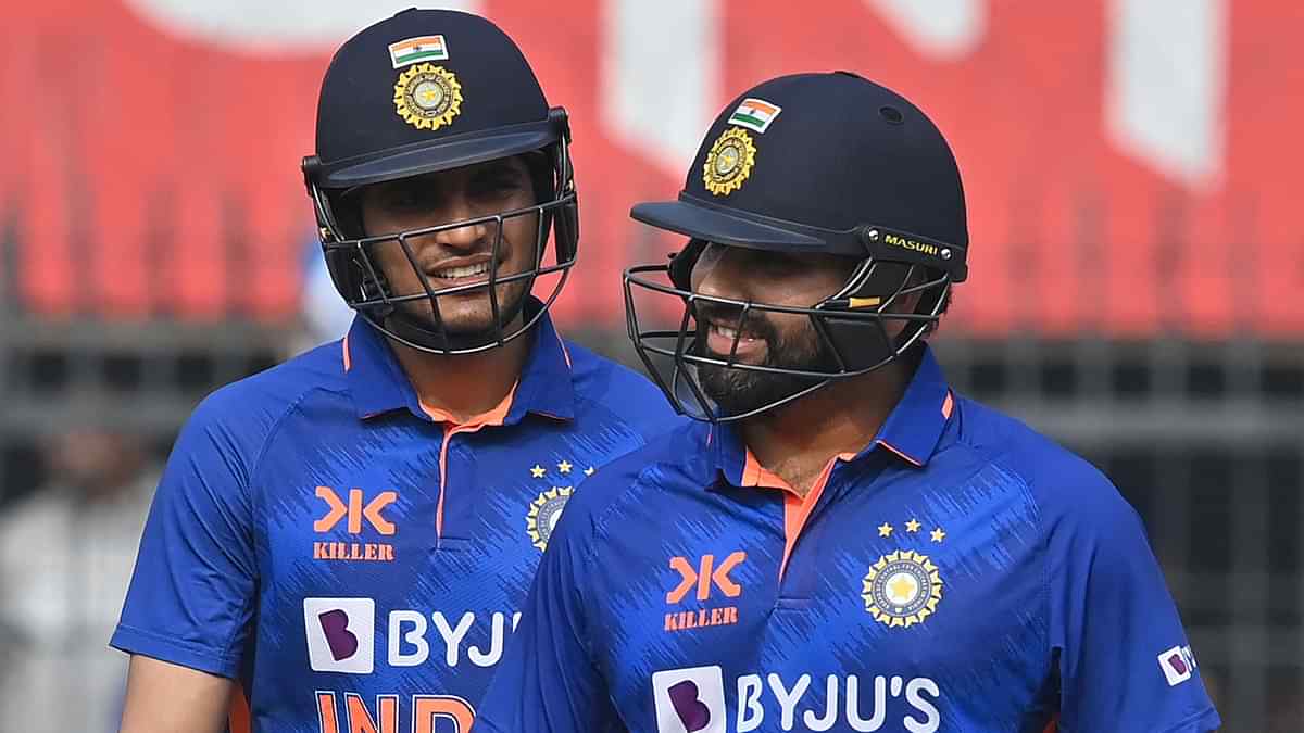 India's captain Rohit Sharma (R) and Shubman Gill gesture during the third and final ODI between India and New Zealand at the Holkar Cricket Stadium in Indore on 24 January, 2023