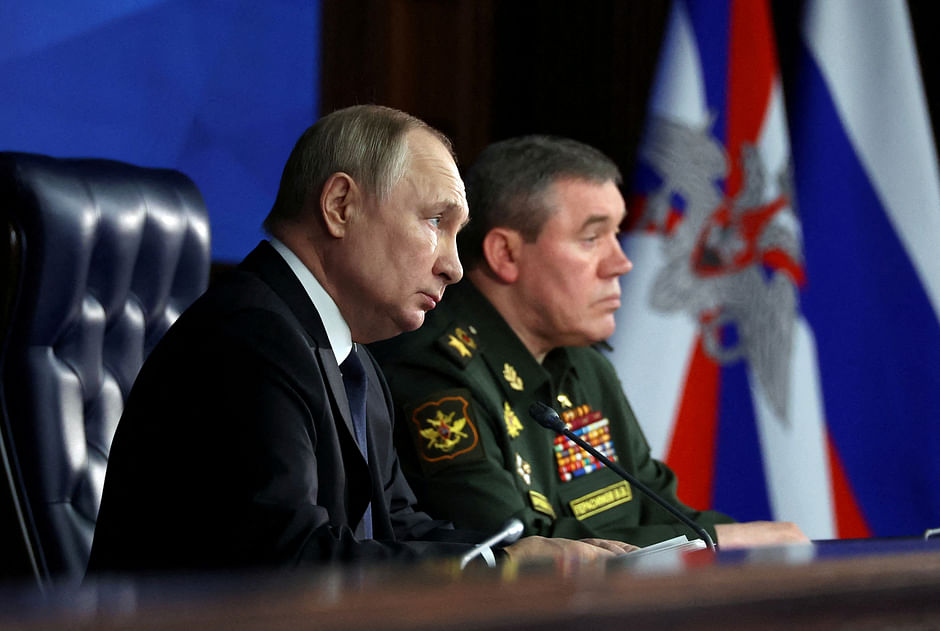 Russian president Vladimir Putin and Chief of the General Staff of Russian Armed Forces Valery Gerasimov attend an annual meeting of the Defence Ministry Board in Moscow, Russia, on 21 December, 2022