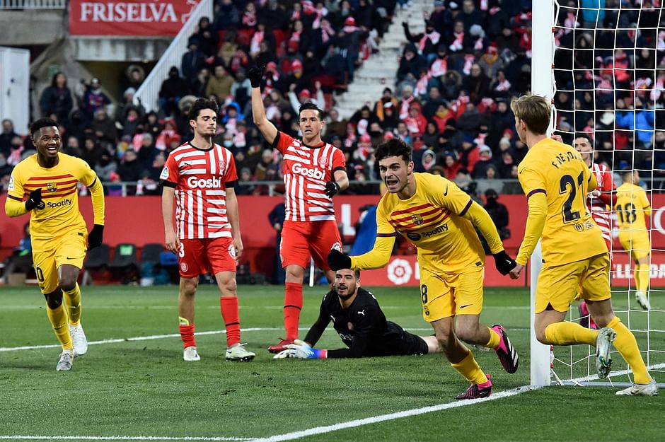 Barcelona's Spanish midfielder Pedri celebrates scoring the opening goal