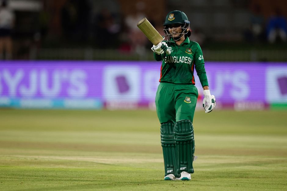 Bangladesh's Nigar Sultana Joty celebrates after scoring a half-century (50 runs) during the Group A T20 women's World Cup cricket match between Australia and Bangladesh at St George's Park in Gqeberha on 14 February, 2023