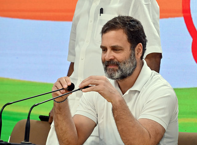 Congress leader Rahul Gandhi during a press briefing, at the party headquarters, in New Delhi on 16 March 2023
