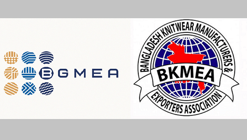 A combination of photos shows logos of BGMEA and BKMEA