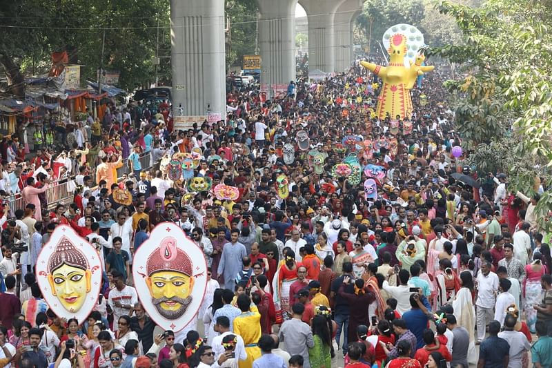 Many people have taken part in the Mangal Shobhajatra with a colourful variety of masks