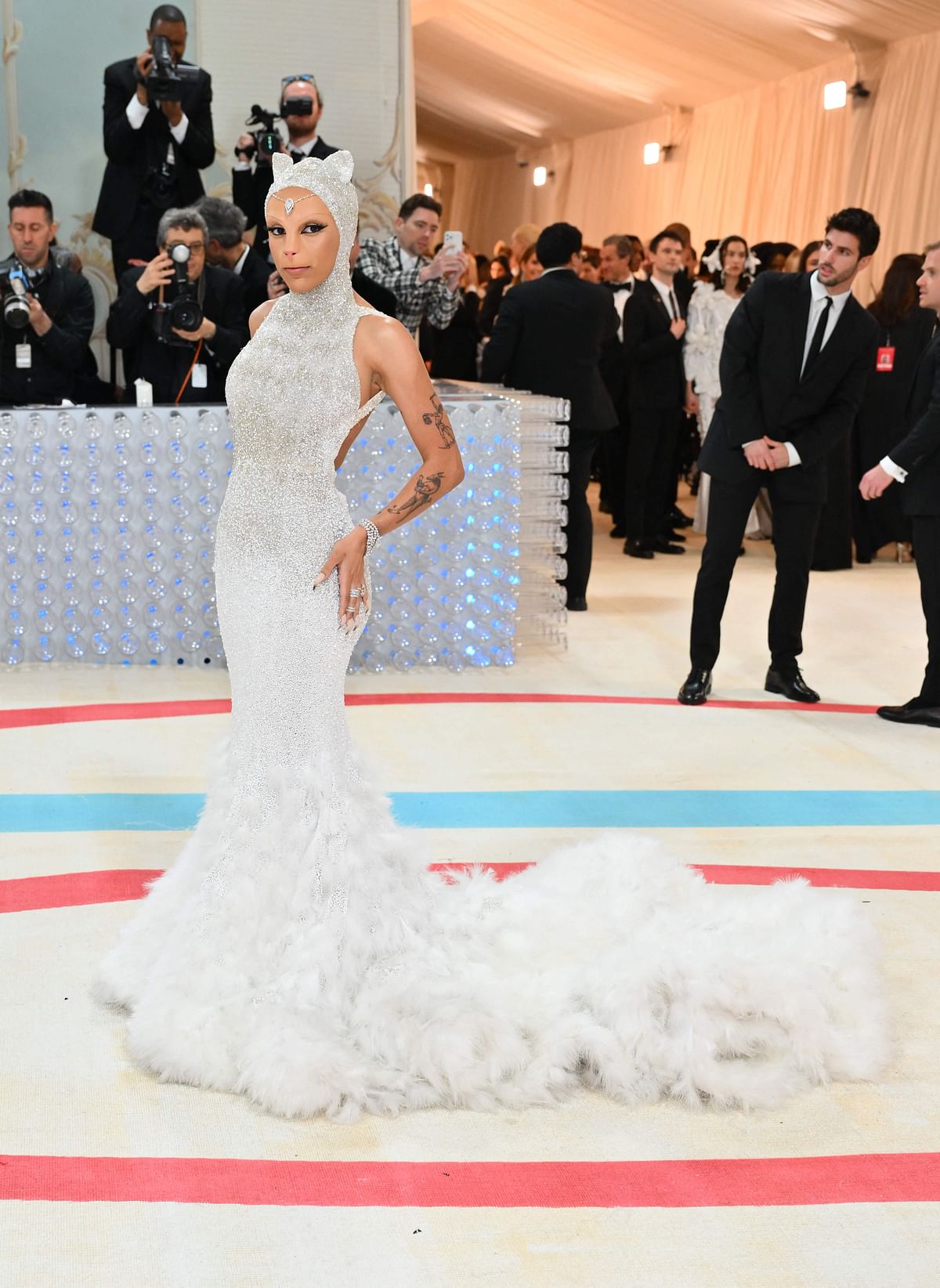 US rapper Doja Cat arrives for the 2023 Met Gala at the Metropolitan Museum of Art on 1st May, 2023, in New York. The Gala raises money for the Metropolitan Museum of Art's Costume Institute. The Gala's 2023 theme is “Karl Lagerfeld: A Line of Beauty.”