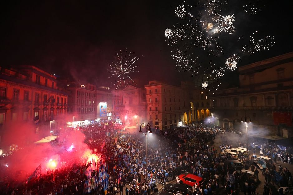 Fans of SSC Napoli celebrate with fireworks on 4 May 2023 in Naples after Napoli won the Italian champions "Scudetto" title following a decisive match in Udine