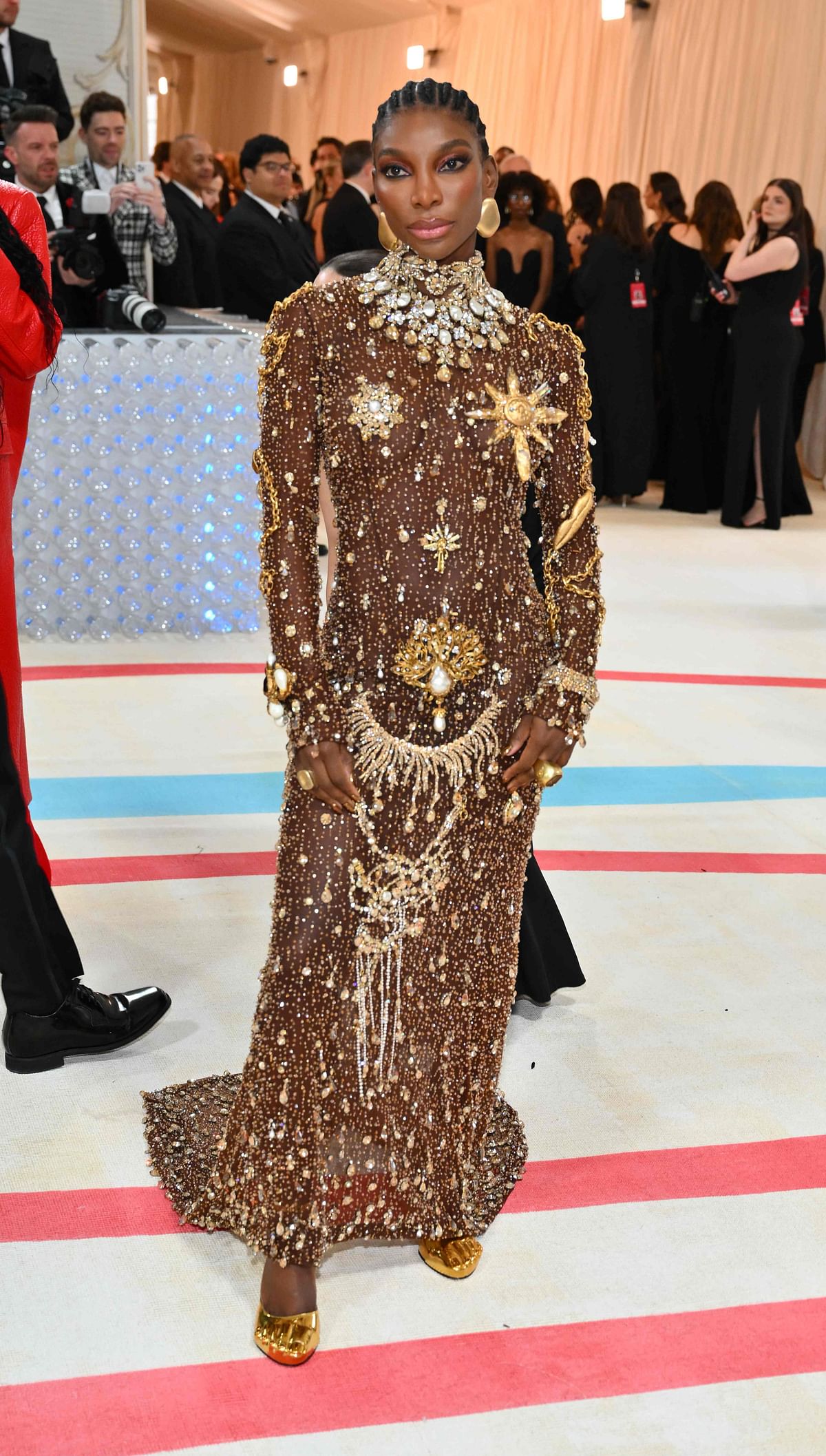 British screenwriter Michaela Coel arrives for the 2023 Met Gala at the Metropolitan Museum of Art on 1st May, 2023, in New York. The Gala raises money for the Metropolitan Museum of Art's Costume Institute. The Gala's 2023 theme is “Karl Lagerfeld: A Line of Beauty.” 