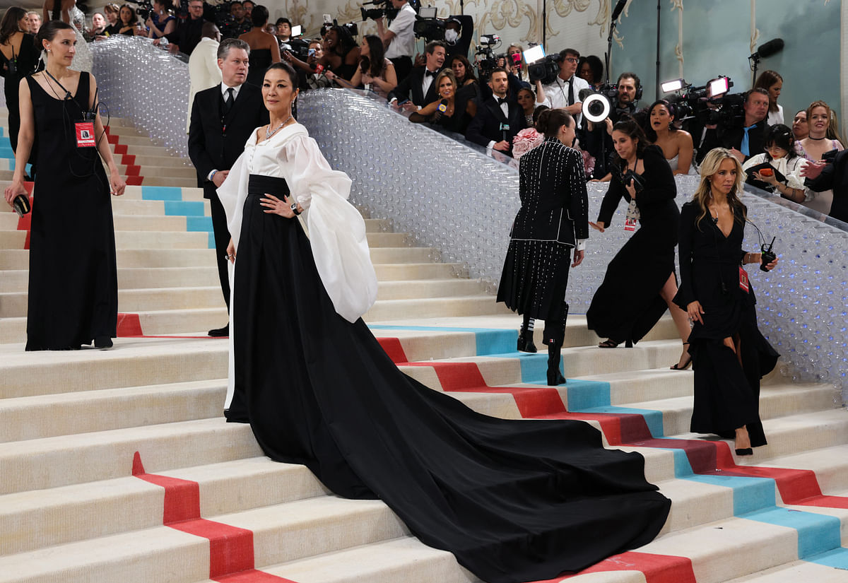 Michelle Yeoh poses at the Met Gala, an annual fundraising gala held for the benefit of the Metropolitan Museum of Art's Costume Institute with this year's theme "Karl Lagerfeld: A Line of Beauty", in New York City, New York, US, 1st  May, 2023. 