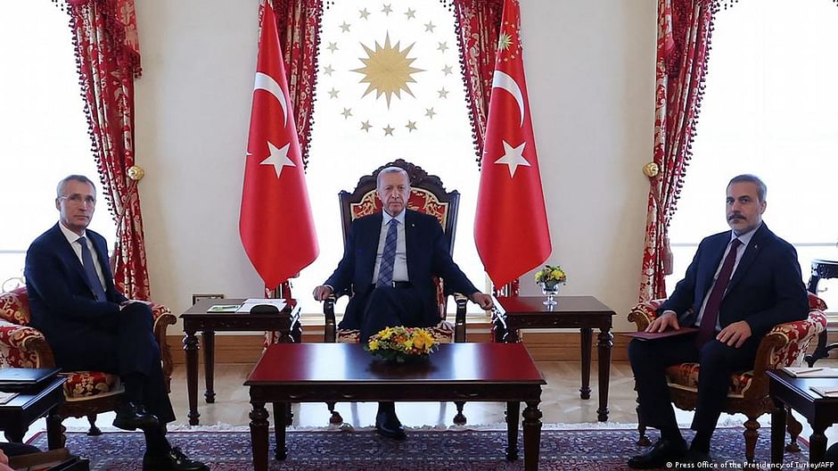 Stoltenberg (left) sat down with Erdogan (center) and newly appointed Foreign Minister Hakan Fidan