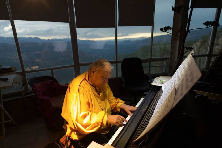 US pianist, composer, and soloist Romayne Wheeler plays the piano at his home in the Sierra Madre Occidental in Retosachi, a ranch located in the ejido Munerachi, municipality of Batopilas, Chihuahua, Mexico, on 21 July, 2023