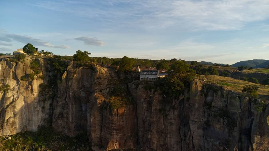 Aerial view of the house of US pianist, composer, and soloist Romayne Wheeler in the Sierra Madre Occidental in Retosachi, a ranch located in the ejido Munerachi, municipality of Batopilas, Chihuahua, Mexico, taken on 21 July, 2023
