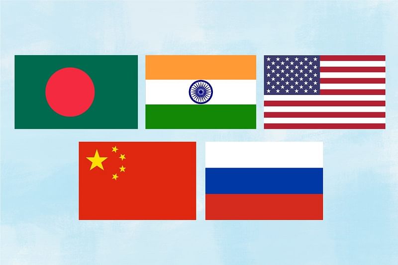 Flags of Bangladesh, India, USA, China and Russia 