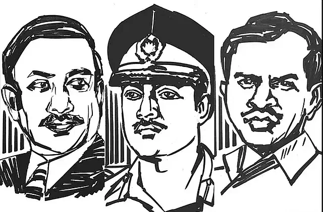 Three characters of 7 November. Former president and BNP founder Ziaur Rahman, former army chief (briefly) Khaled Musharrof and JSD leader colonel Abu Taher