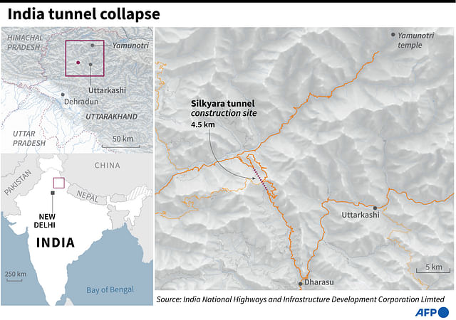 Local map of the Silkyara tunnel construction site in northern India's Uttarakhand state where 40 workers have been trapped since 12 November.