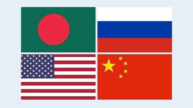 A combination of the flags of Bangladesh, Russia, USA, China
