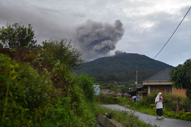 Mount Marapi volcano spews volcanic ash as seen from Nagari Batu Palano in Agam, West Sumatra province, Indonesia, December 4, 2023, in this photo taken by Antara Foto