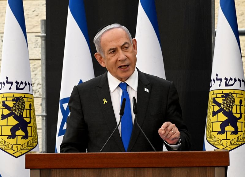  Israeli prime minister Benjamin Netanyahu gives a speech during a ceremony on the eve of the Memorial Day for fallen soldiers (Yom HaZikaron), at the Yad LaBanim Memorial in Jerusalem on May 12, 2024.