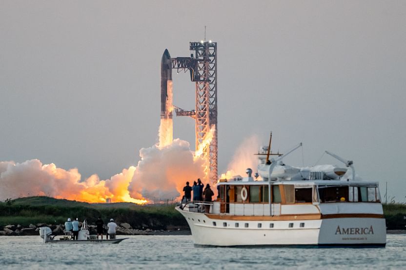 The SpaceX Starship lifts off from Starbase near Boca Chica, Texas, on 13 October, 2024, for the Starship Flight 5 test. SpaceX successfully "caught" the first-stage booster of its Starship megarocket Sunday as it returned to the launch pad after a test flight, a world first in the company's quest for rapid reusability.