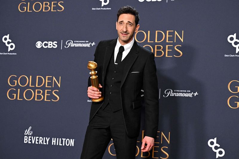 US actor Adrien Brody poses with the Best Performance by a Male Actor in a Motion Picture – Drama award for "The Brutalist" in the press room during the 82nd annual Golden Globe Awards at the Beverly Hilton hotel in Beverly Hills, California, on 5 January, 2025.