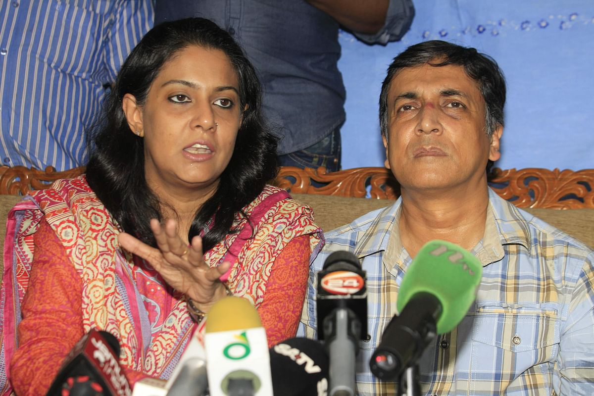 Bela chief executive Syeda Rizwana Hasan and her husband speak at a press briefing in their Central Road residence in the capital on Friday. Photo: Sajid Hossain