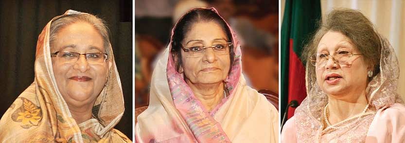 Prime Minister Sheikh Hasina (left), Raushan Ershad, the leader of the opposition (middle) and former prime minister Khaleda Zia. File Photo