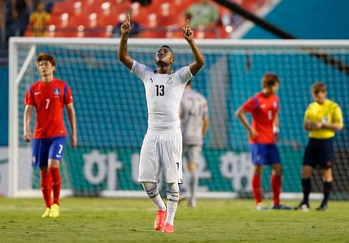 Jordan Ayew celebrates his goal against South Korea during their international soccer friendly match at Sun Life stadium ahead of the 2014 World Cup in Miami June 9, 2014. Photo: Reuters
