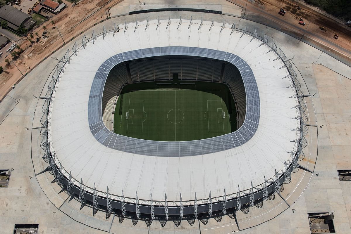 An aerial view of Castelao Arena, in Fortaleza, state of Ceara, in northeastern Brazil, on April 16, 2013. Fortaleza will host the upcoming FIFA Confederations Cup matches Brazil vs Mexico, Spain vs Nigeria and the semi-final. Photo: AFP