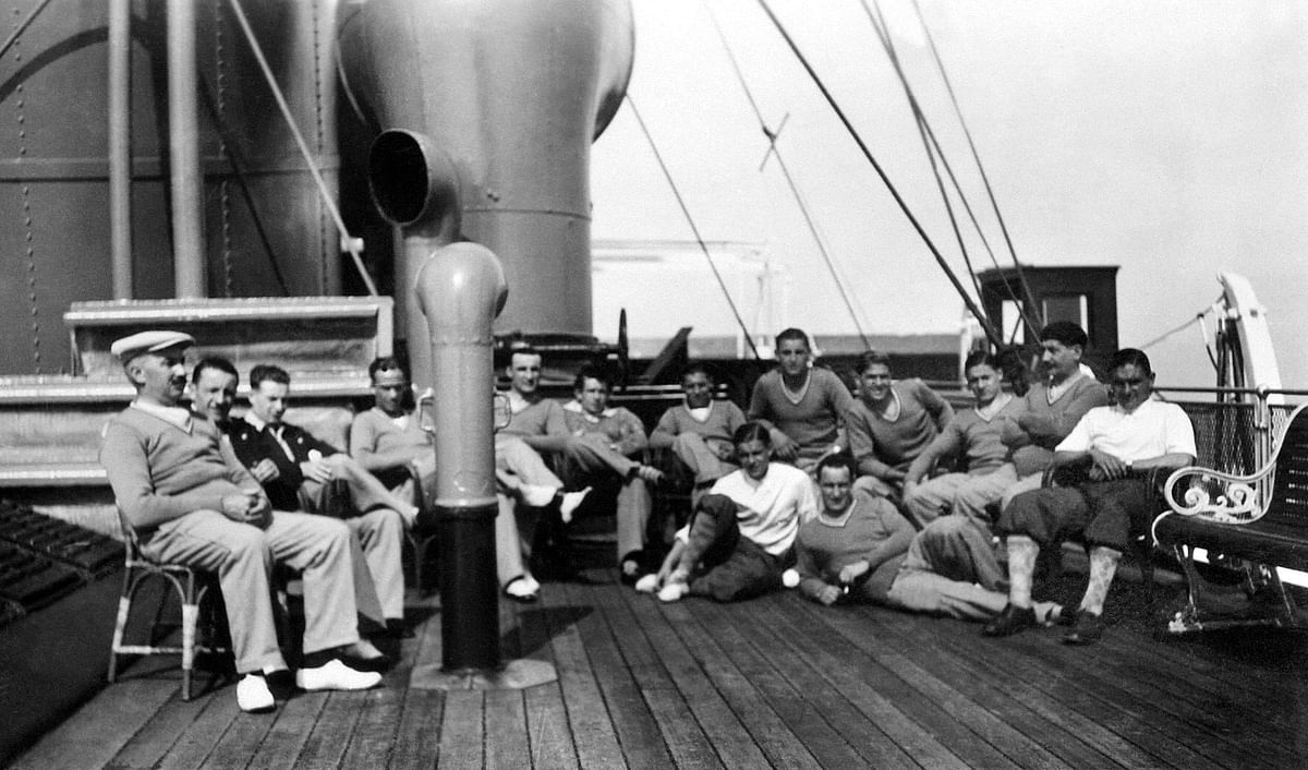 French national soccer players pose after lunch for a group picture during their cruise aboard the "Conte Verde" in July 1930 on their way to Uruguay to participate in the first World Cup. Photo: AFP