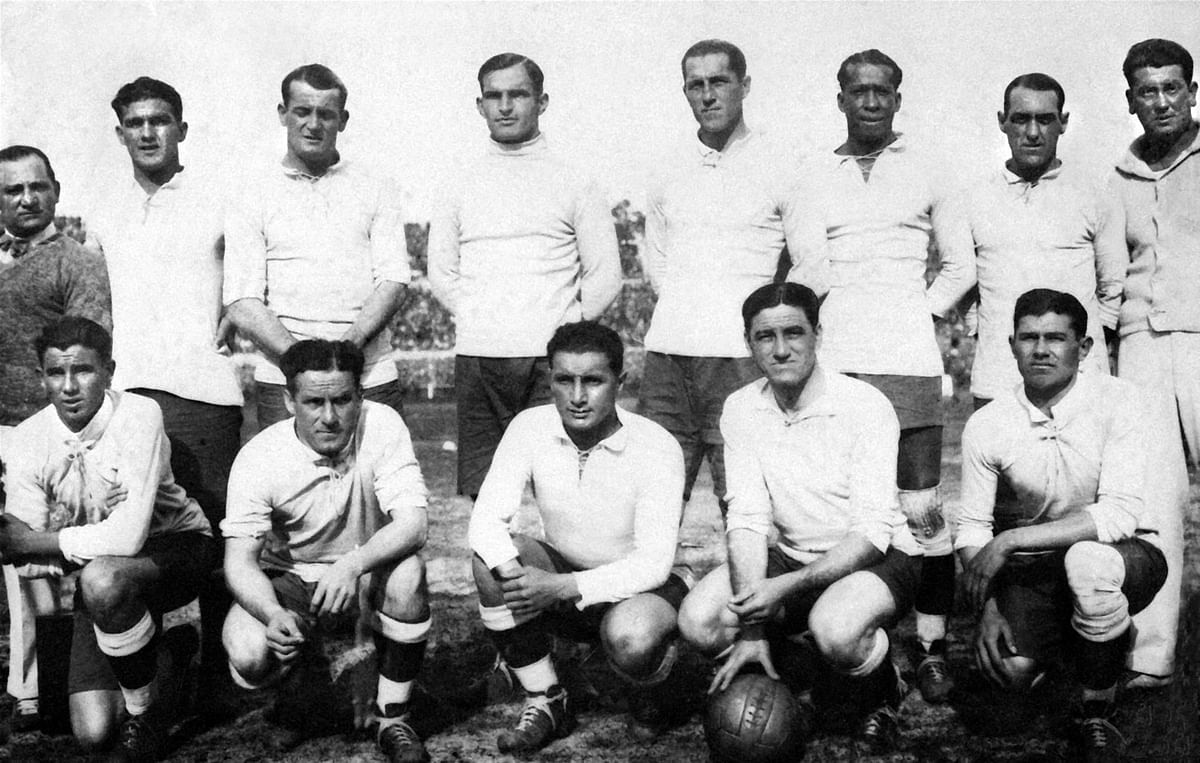 Uruguayan national soccer team players pose for a group picture, 30 July 1930 in Montevideo, after their victory over Argentina (4-2) in the first-ever World Cup final. Photo: AFP