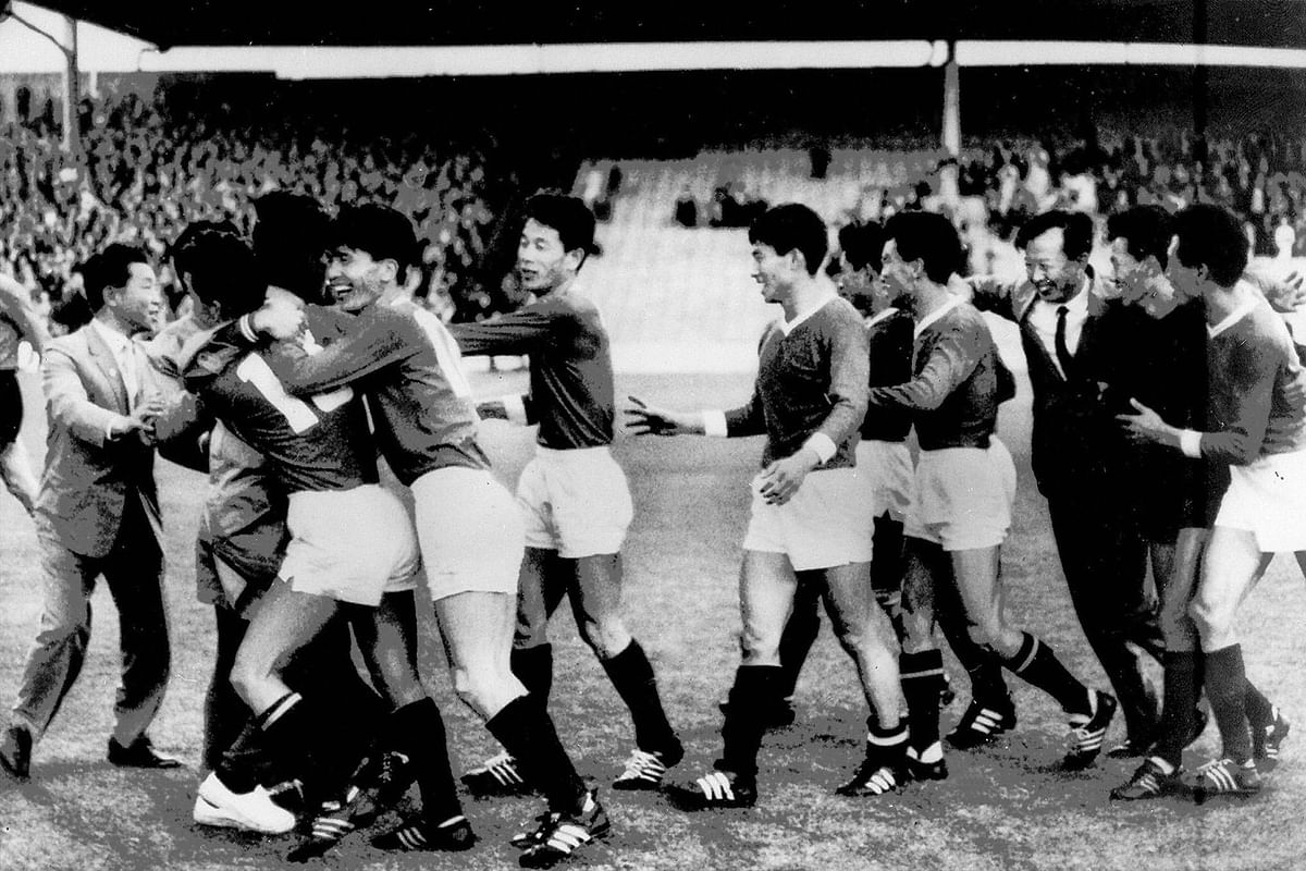North Korean national soccer team players celebrate their upset victory (1-0) over Italy on 19 July 1966 in Middlesbrough at the end of their World Cup first round match. Doo Ik Pak scored the winning goal. Photo: AFP