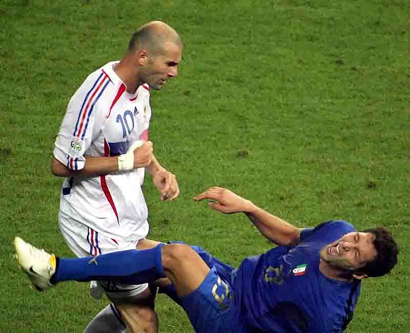 French midfielder Zinedine Zidane (L) gestures after head butting Italian defender Marco Materazzi during the World Cup 2006 final football match between Italy and France at Berlin’s Olympic Stadium on 09 July 2006. Photo: AFP