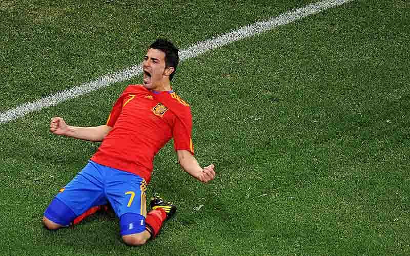 Spain's striker David Villa celebrates after scoring against Portugal during the 2010 World Cup round of 16 match between Spain and Portugal on June 29, 2010 at Green Point Stadium in Cape Town. Spain won 1-0. Photo: AFP