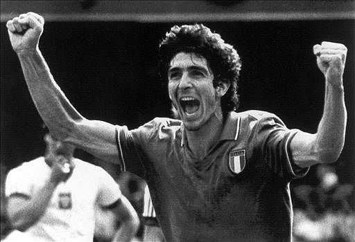 Italian forward Paolo Rossi jubilates after scoring the first goal for his team during the World Cup semifinal soccer match against Poland on 08 July 1982 in Barcelona. Rossi scored another goal as Italy defeated Poland 2-0 to advance to the final. Photo: AFP